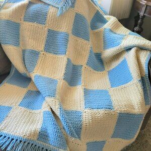 Vintage Crochet Blue & Cream Checkered Afghan Blanket With Fringe Edge, Handmade